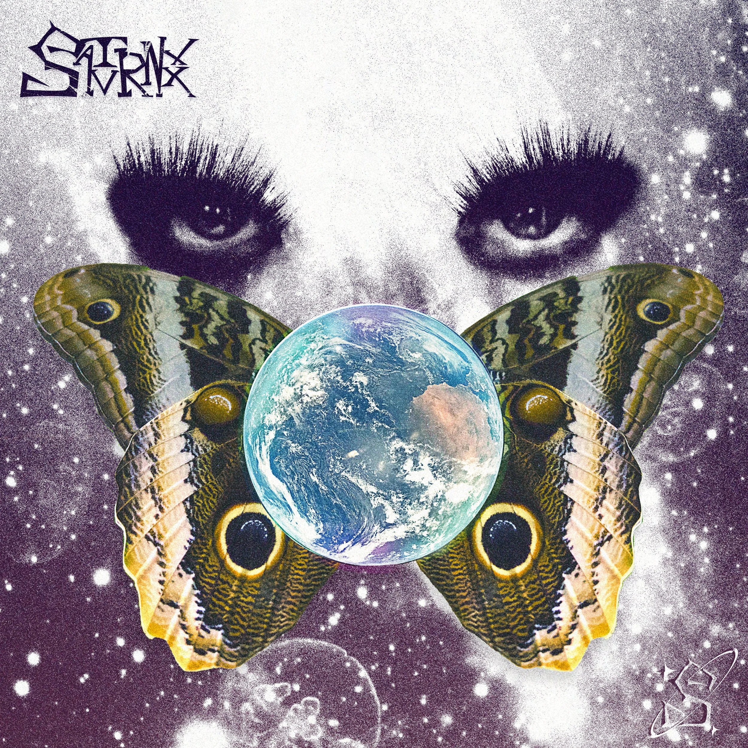 Close-up of a surreal illustration featuring a pair of large, human-like eyes with long eyelashes, set against a background resembling outer space with stars. In the foreground, there are earth and butterflies with detailed wings, creating an imagina