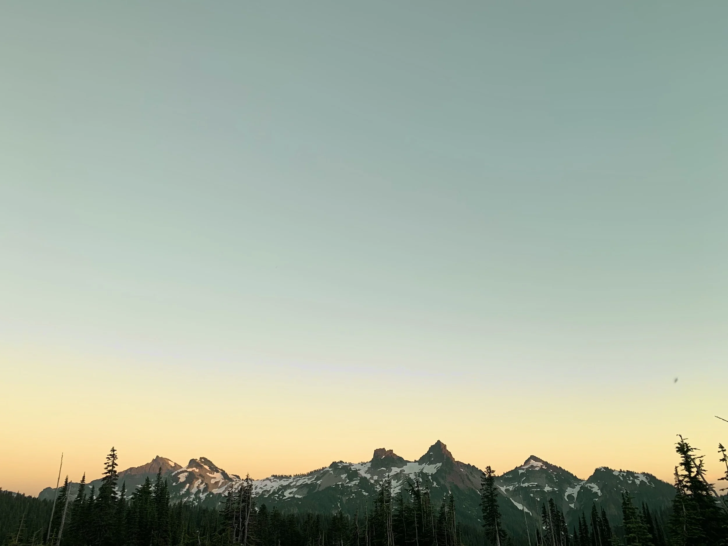 A landscape view of snow-capped mountains under a colorful sky with shades of yellow, pink, and blue during sunset or sunrise, with silhouettes of tall pine trees in the foreground.