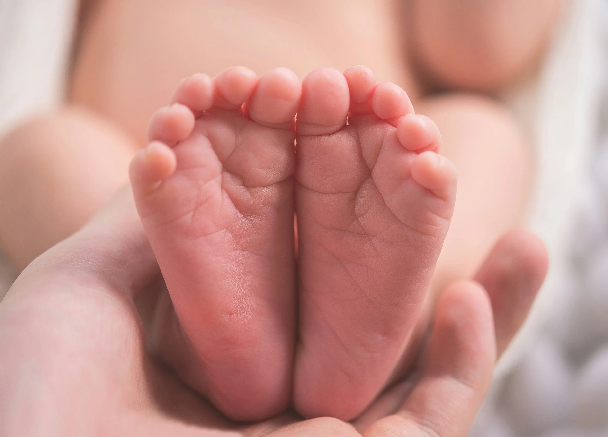 Close-up of a baby's tiny feet being gently held by an adult's hand.