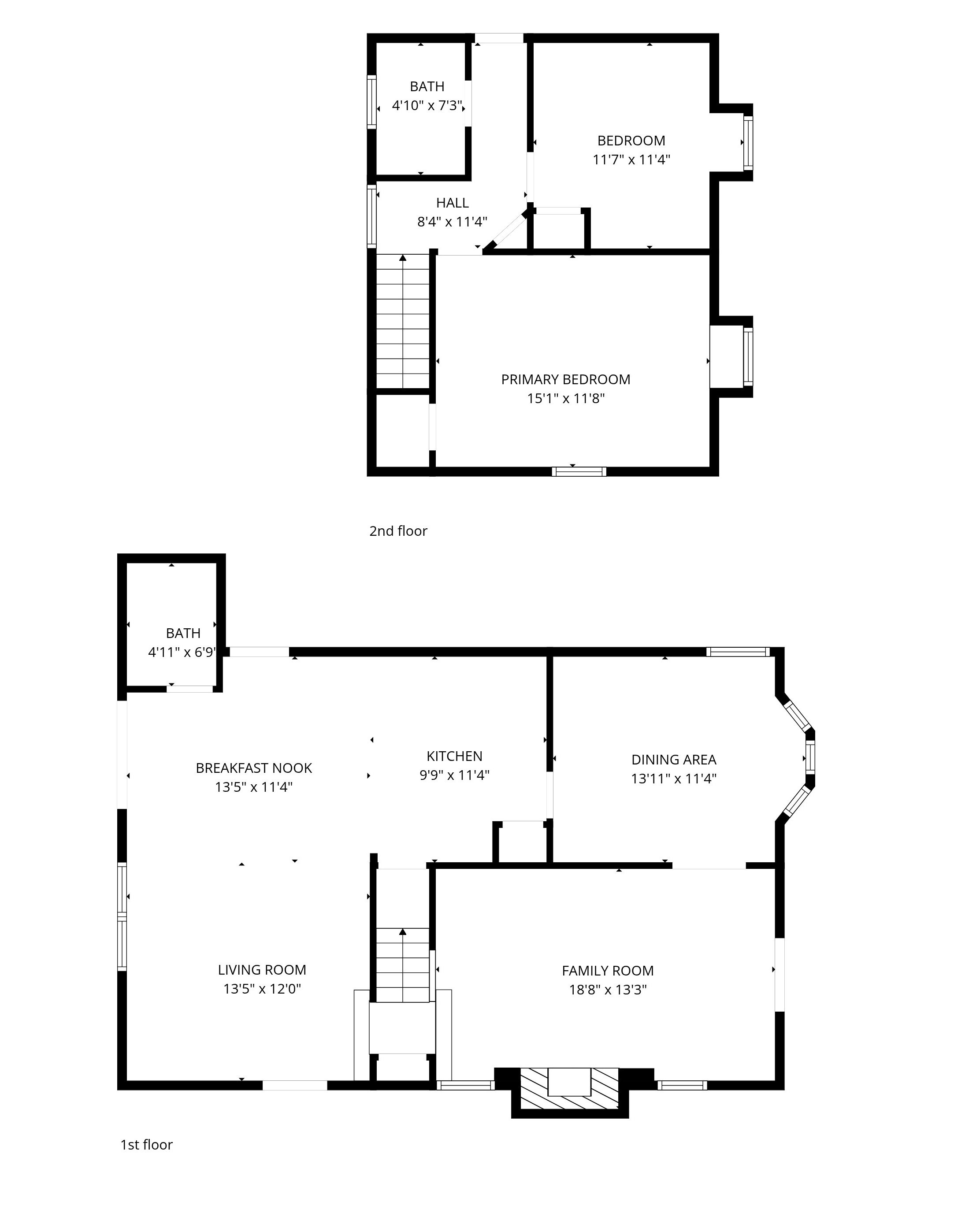 Floor plan of a house with two levels, showing rooms labeled Kitchen, Living Room, Family Room, Breakfast Nook, Dining Area, two Bathrooms, and multiple bedrooms.
