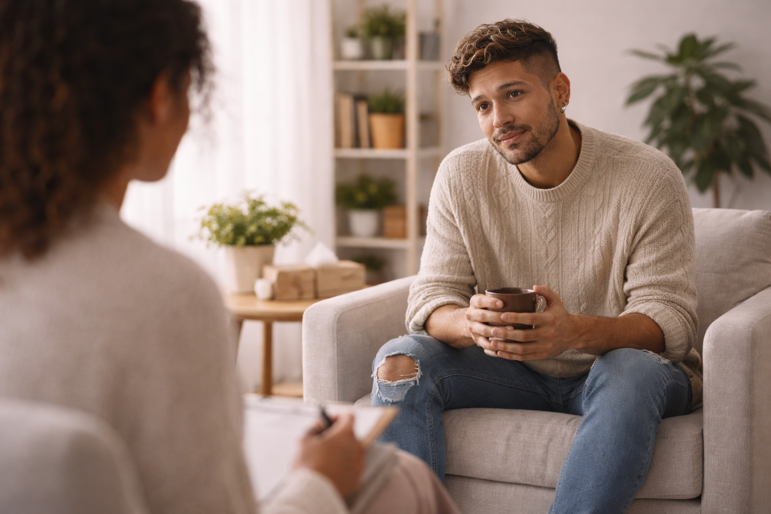 Individual therapy session in a warm counselling space focused on emotional wellbeing.