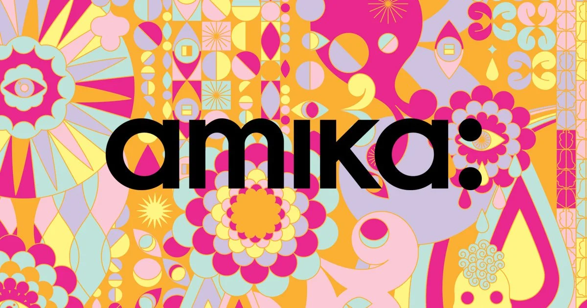 Colorful abstract floral and geometric pattern with the word 'amka.' in bold black text overlays.