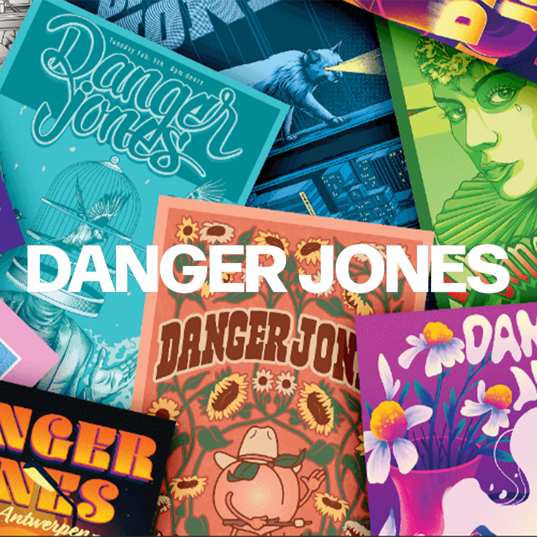 Collage of colorful vintage-style comic and poster covers with the text 'Danger Jones' overlayed in white.
