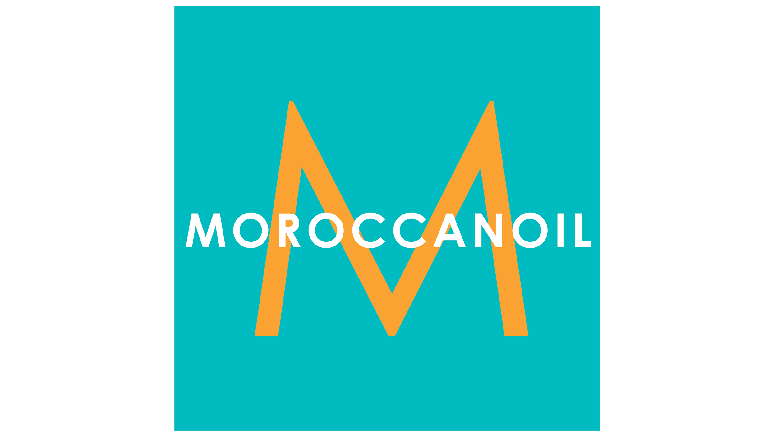 Logo with the word 'MOROCCANOIL' over two stylized orange mountains on a turquoise background.