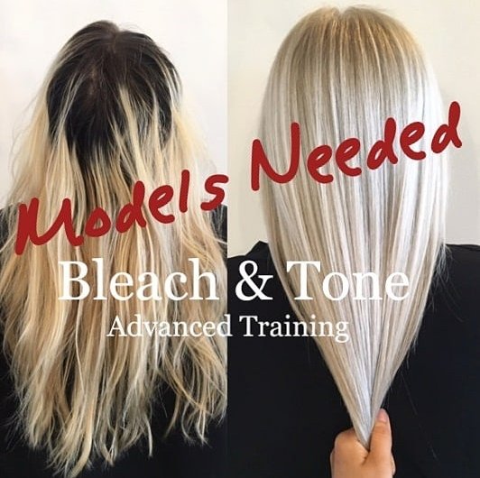 Side-by-side images showing a woman's hair: the left with a messy, grouped bleached blonde look, the right with sleek, straight, platinum blonde hair. Overlaid text reads 'Models Needed' and 'Bleach & Tone Advanced Training'.