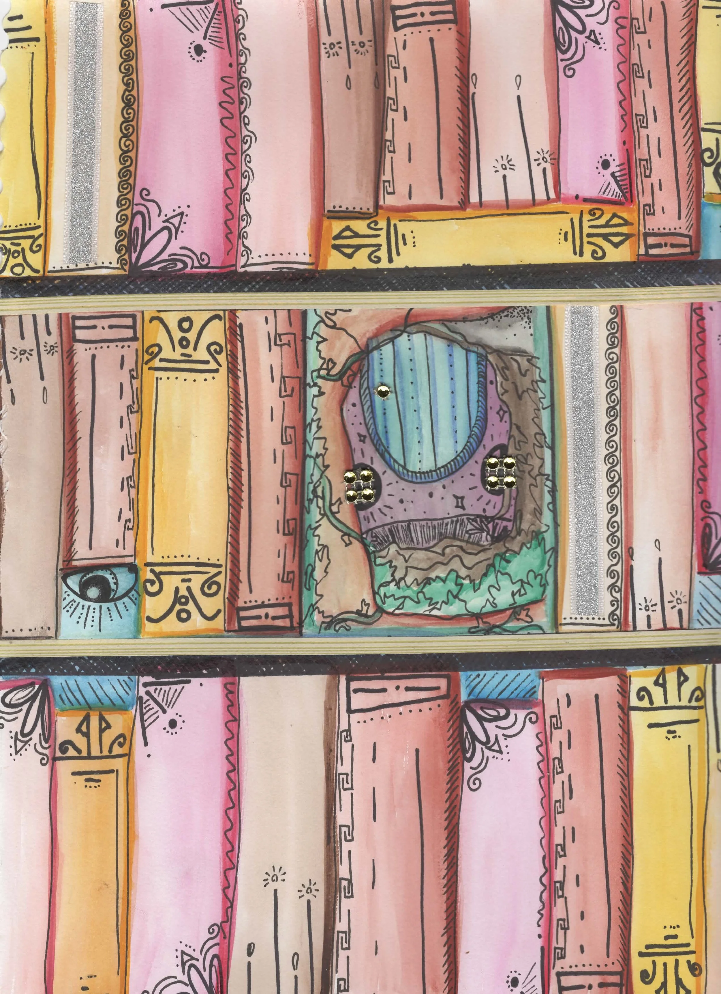 A colorful, hand-drawn illustration of shelves filled with books, including a decorated book with a blue circular emblem and a small eye symbol at the bottom left corner.