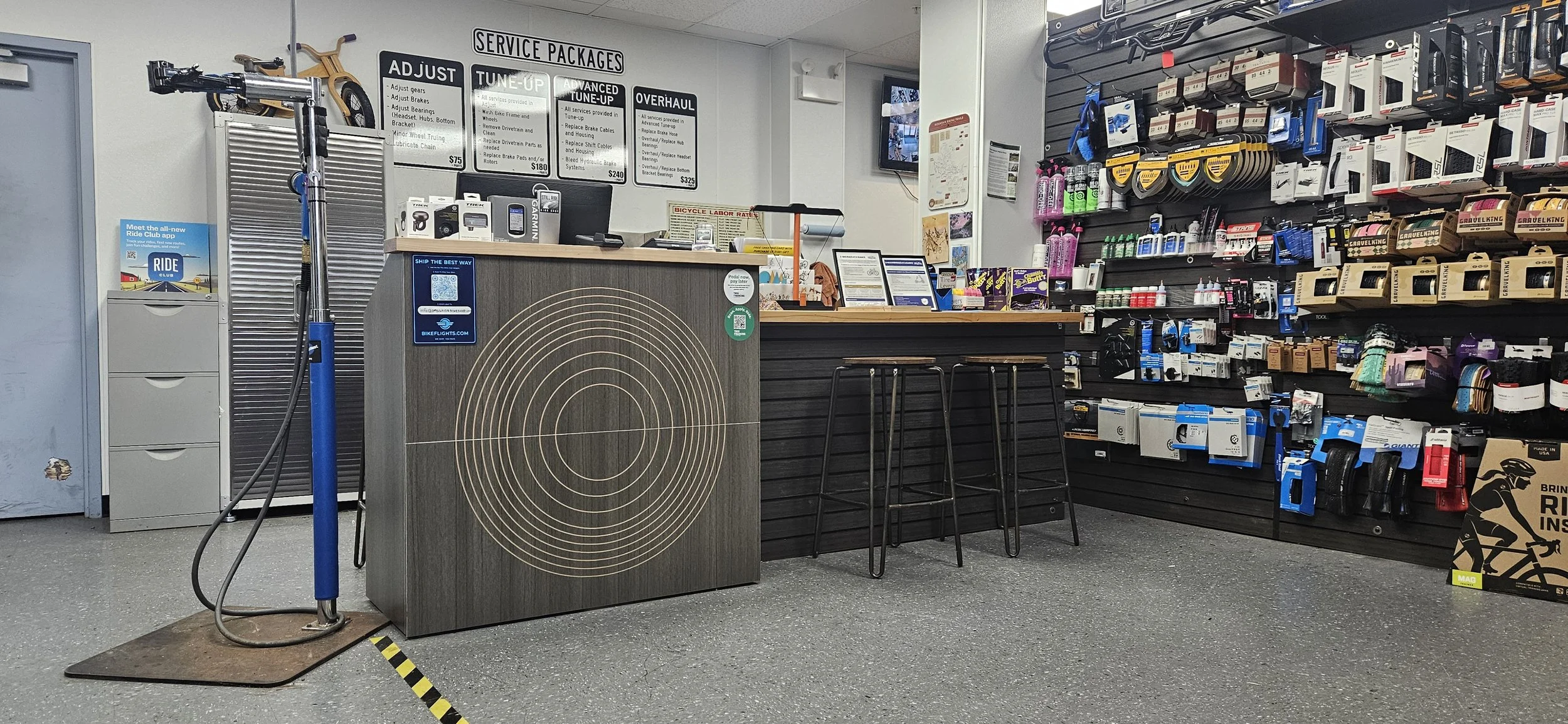 Bicycle Shop walk-in service area. Adjust, Tune-Up, Advanced, Overhaul and custom service packages available. Walk-in's welcome. We service all makes and models.