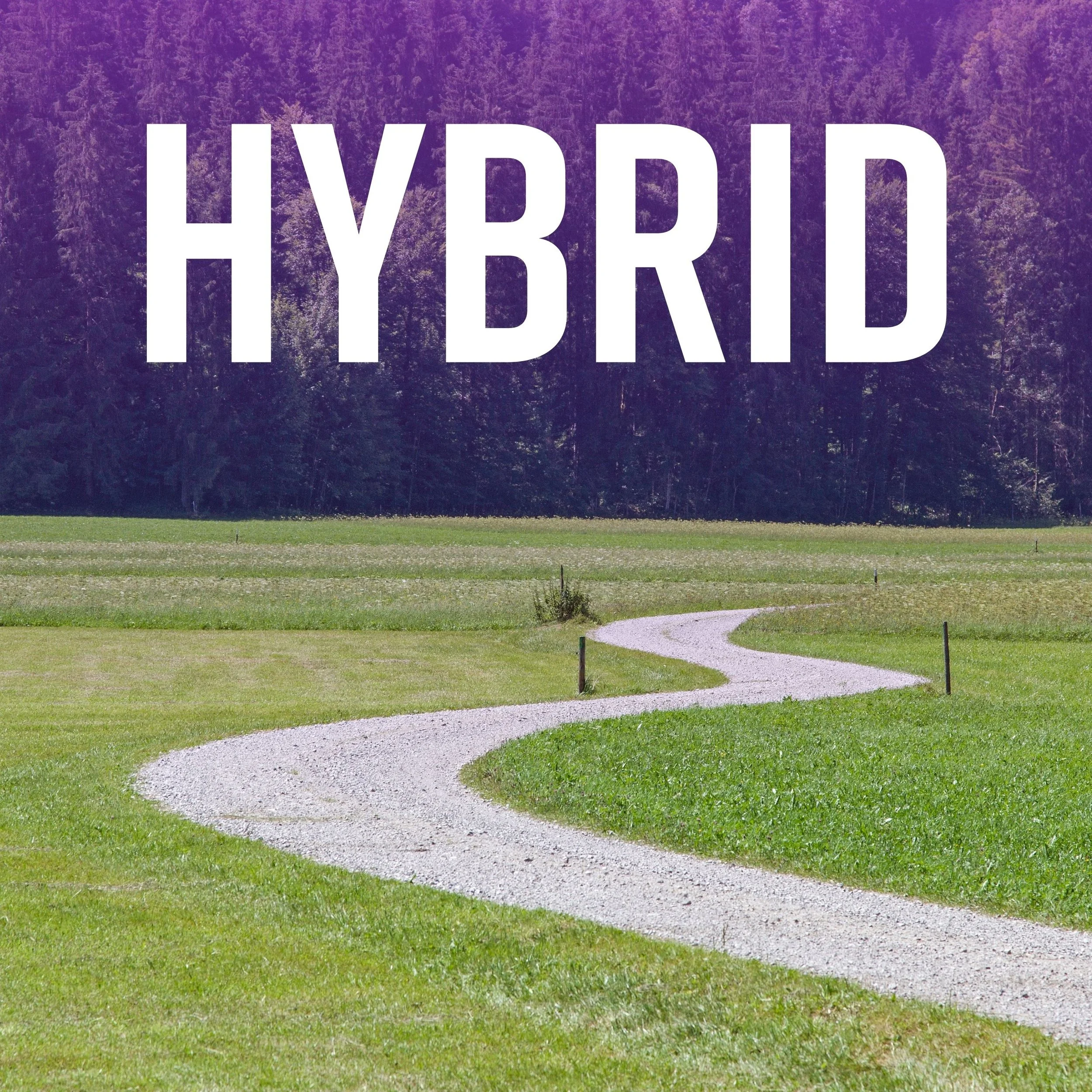 Sign that says 'HYBRID' in front of a grassy field and trees.