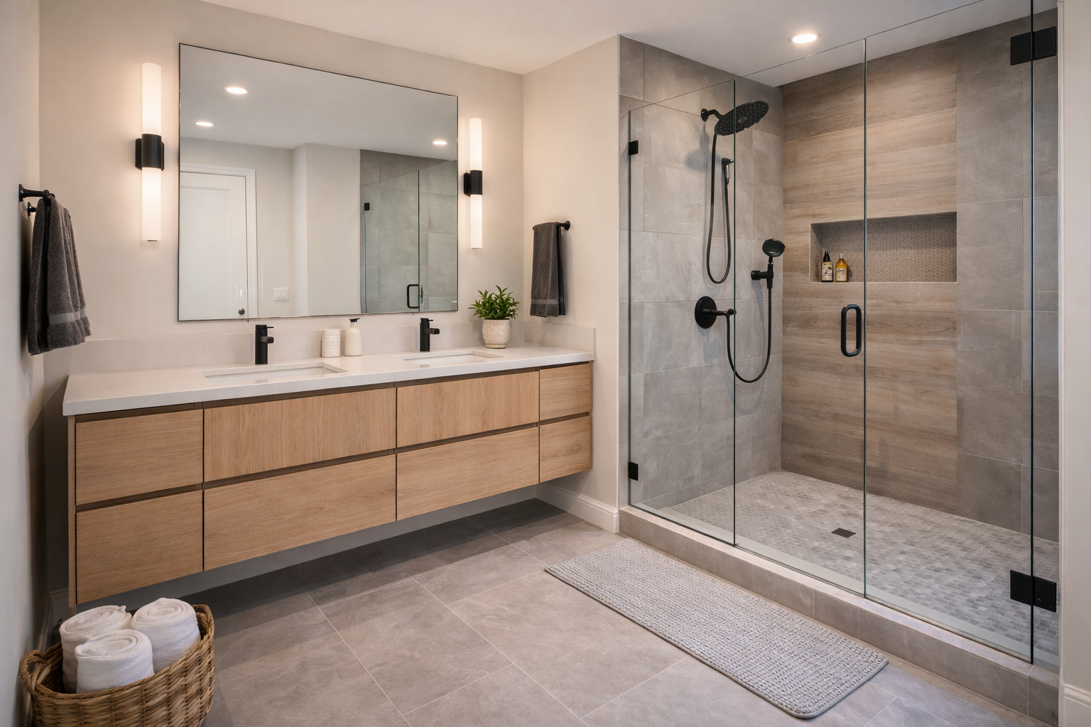 Modern bathroom with double vanity, large mirror, wall-mounted light fixtures, shower with glass door, neutral tones, white countertop, and decorative towels.