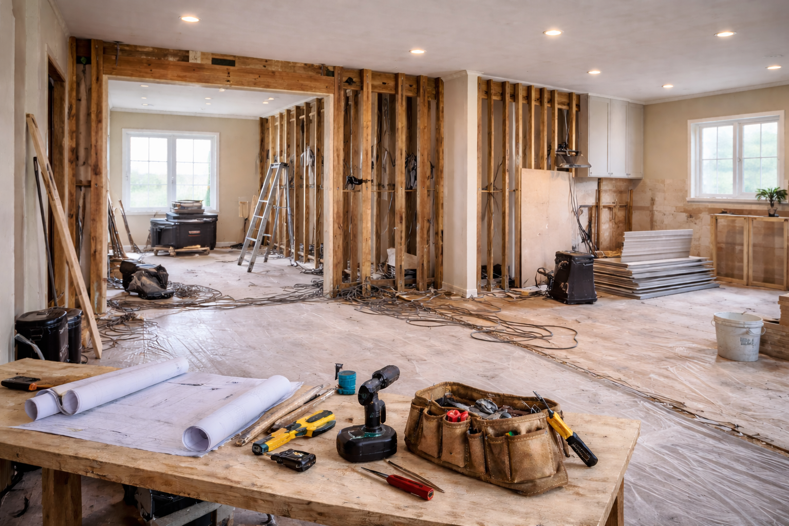 Interior of a house under renovation with exposed wall framing, construction tools, and scattered building materials.