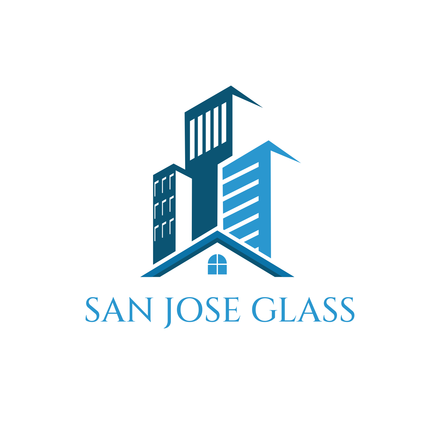 Logo for San Jose Glass featuring stylized blue skyscrapers and a roof with a window.