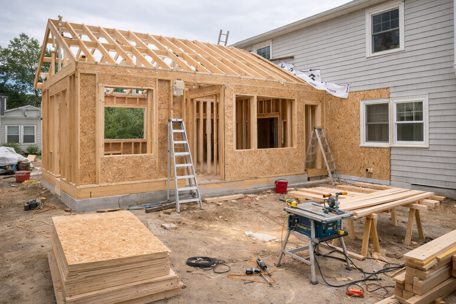 Construction of a new house with wooden framing and OSB sheathing in progress, adjacent to an existing white house, with ladders, power tools, and building materials scattered around.