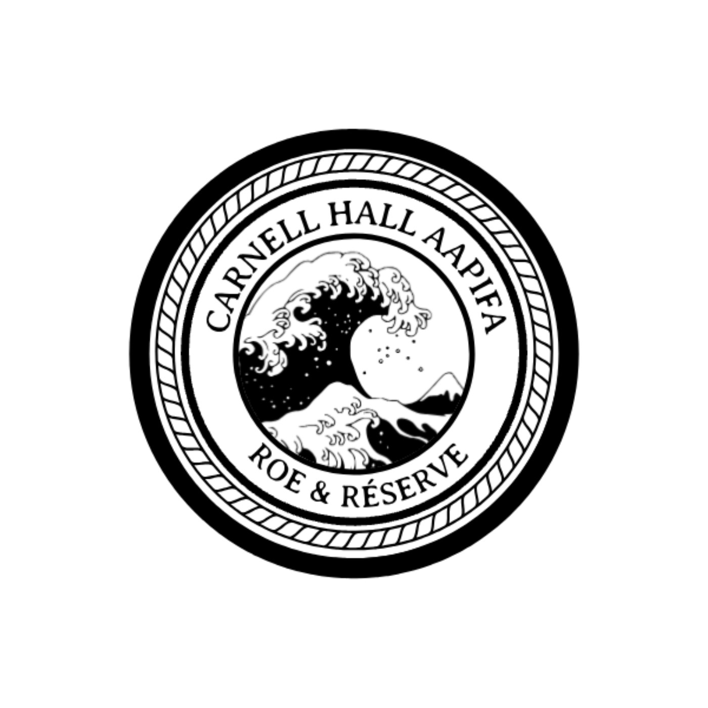 A circular logo with a stylized wave in the center, surrounded by the text 'CARNELL HALL APPLEA ROE & RÉSERVE'. A custom logo for AAPIA fundraiser Los Angeles private High School.