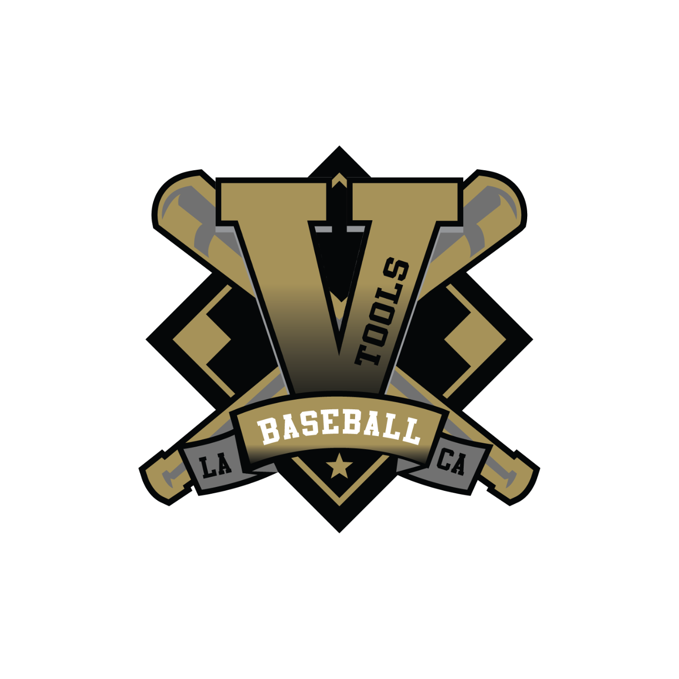 Custom logo for Los Angels club baseball team Five Tools, featuring a baseball theme with crossed bats, a baseball, and a badge reading 'Baseball' with 'LA' and 'CA' on banners, in black, gold, and gray colors.