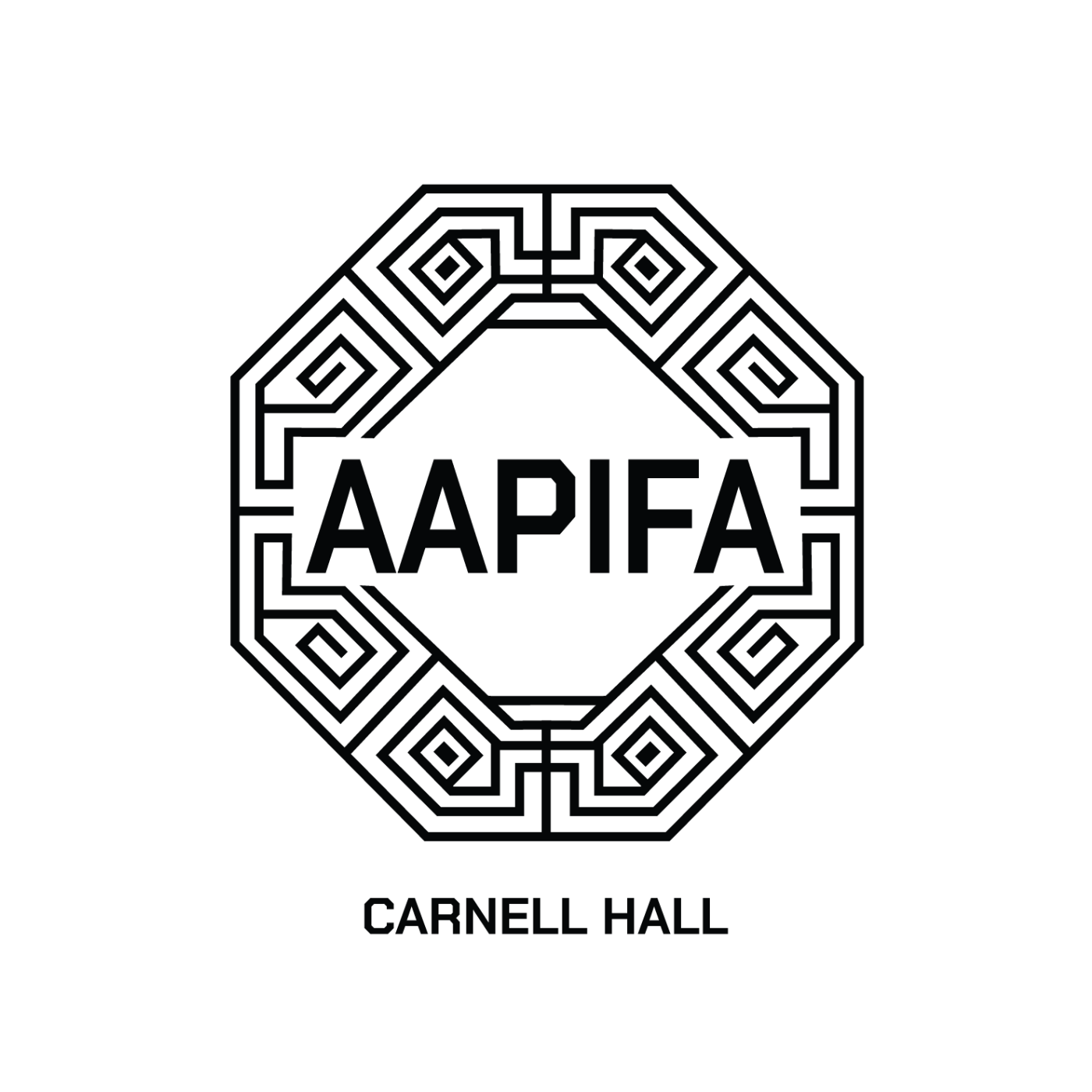 A black and white logo with the text 'AAPI' inside a decorative octagonal border, with 'CARNELL HALL' written below.