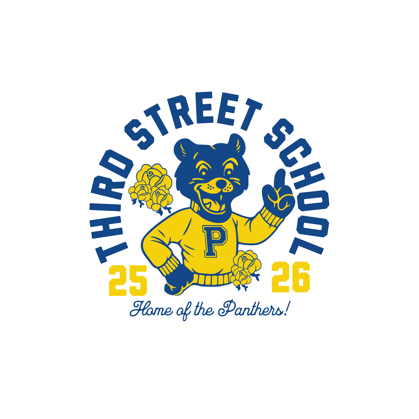 Logo for Third Street School featuring a cheerful panther mascot in a yellow sweater with a letter P, surrounded by yellow roses. Text includes 'Third Street School,' 'Home of the Panthers!' and the year '25-26'.