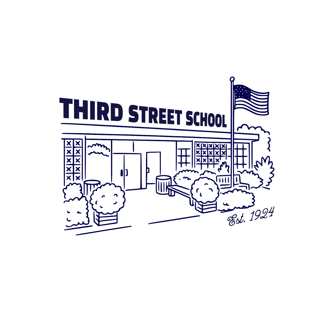 Line drawing of the exterior of Third Street School, including a flagpole with an American flag, bushes, trees, and a bench, with the school's name on the building and "Est. 1924" at the bottom right.