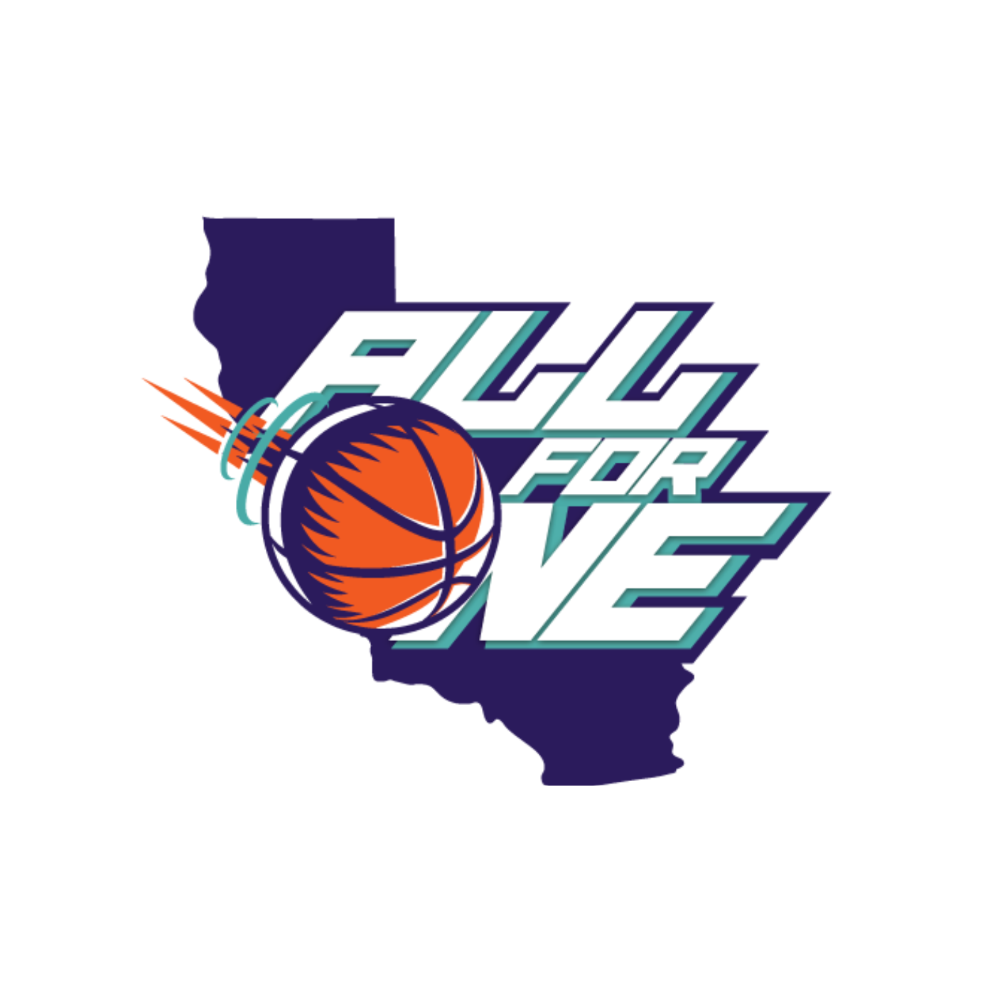 A custom Los Angeles youth basektball team logo with a dark blue outline of the state of California, an orange basketball, and the words 'All for One' in stylized text.