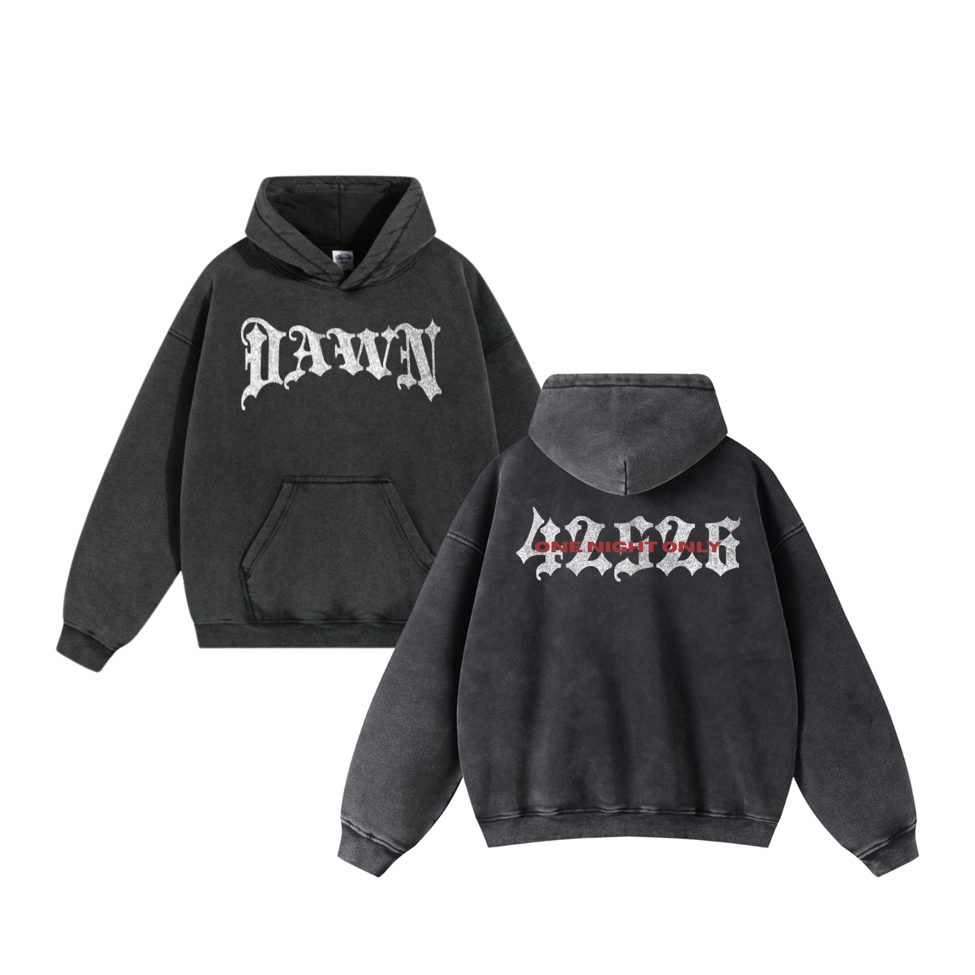 Black hooded sweatshirts with gothic-style white text on the front and back, one with red text overlay reading "ONE NIGHT ONLY" on the back.