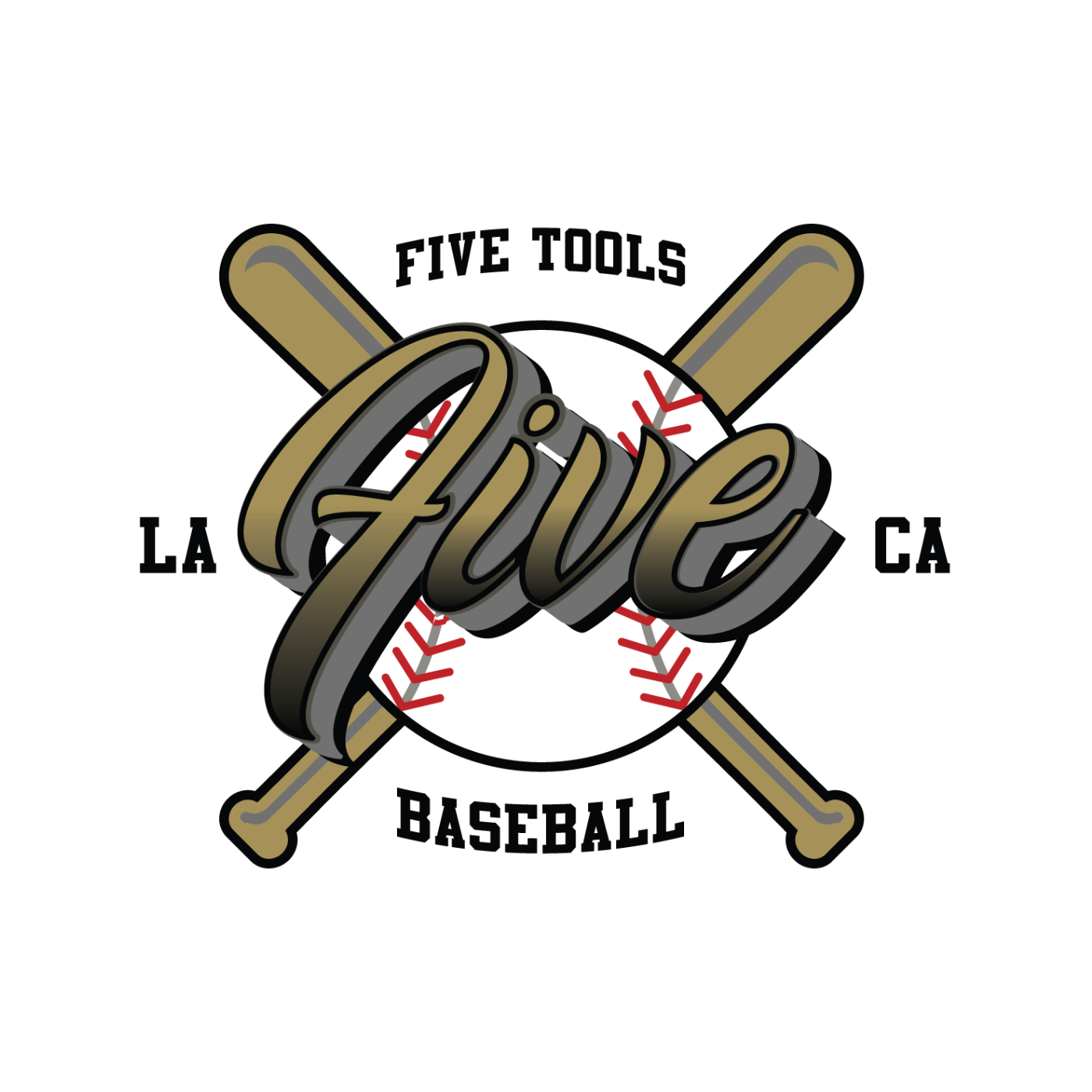 Custom team logo for LA  Youth Club Baseball team Five Tools featuring crossed baseball bats, a baseball, and the words "Five Tools" and "Baseball".