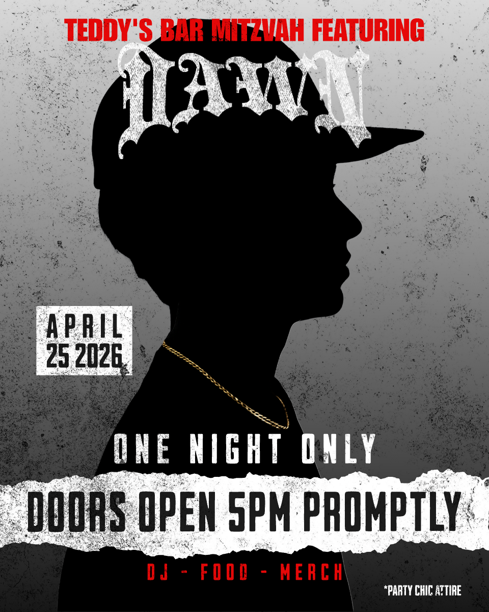 Event poster for Teddy's Bar Mitzvah The event is a one-night-only party with doors opening at 5 PM, with DJ music, food, and merchandise. The poster features a black silhouette of a child's profile with stylized graffiti text at the top and event de