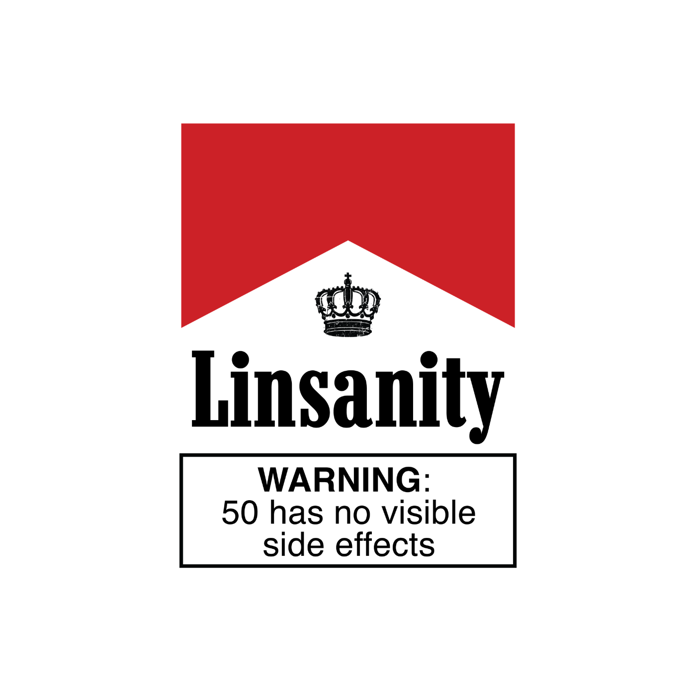 A custom 50th Birthday party logo with the text 'Linsanity'; below is a warning box stating 'WARNING: 50 has no visible side effects'.