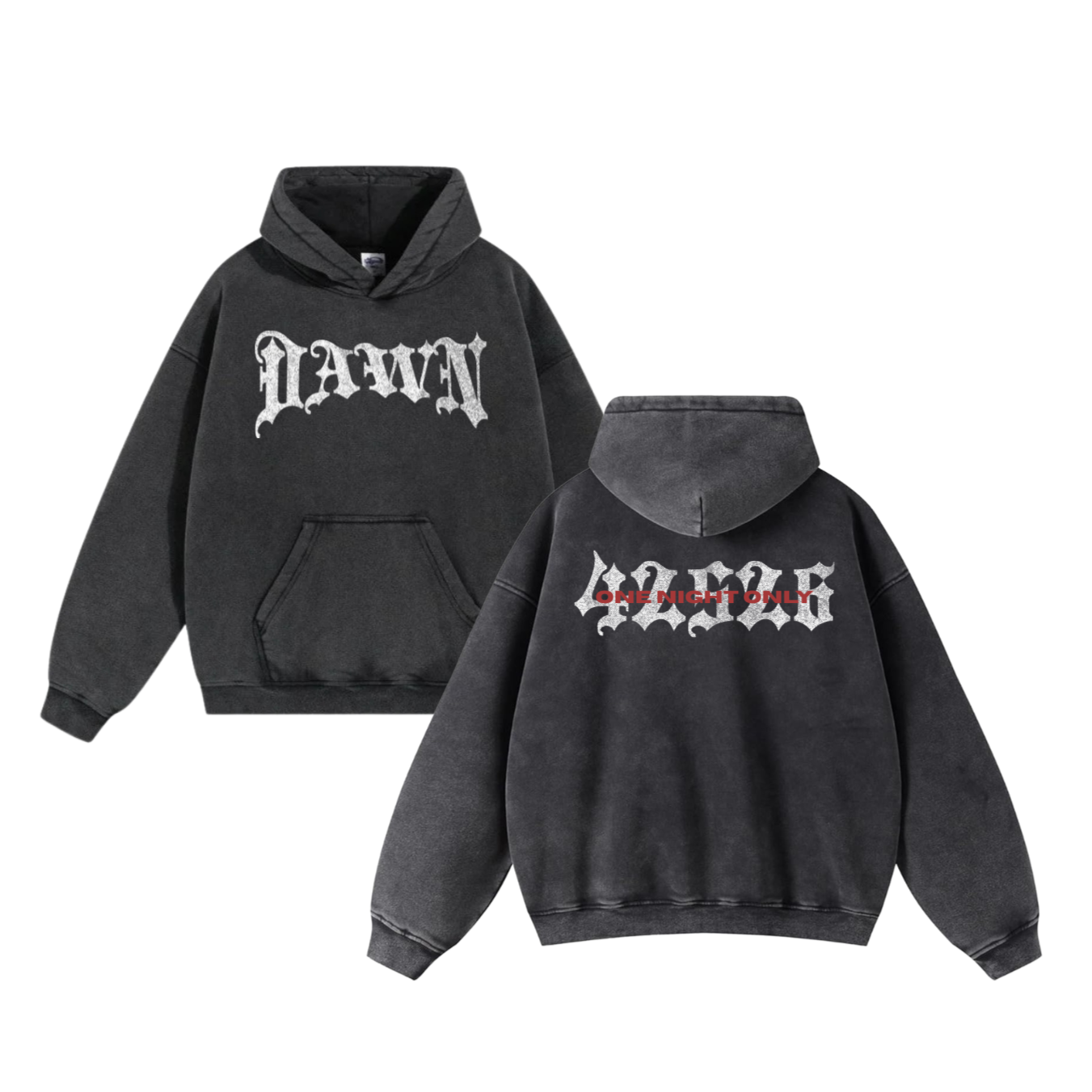 Black hooded sweatshirts with distressed look, featuring Gothic-style white text on the front and back. The back design has red text overlay reading "ONE NIGHT ONLY."
