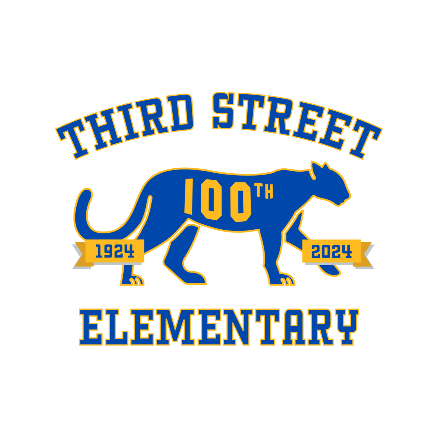 Graphic celebrating the 100th anniversary of Third Street Elementary School, featuring a blue panther mascot with yellow accents, the years 1924 and 2024, and text indicating the school's name.