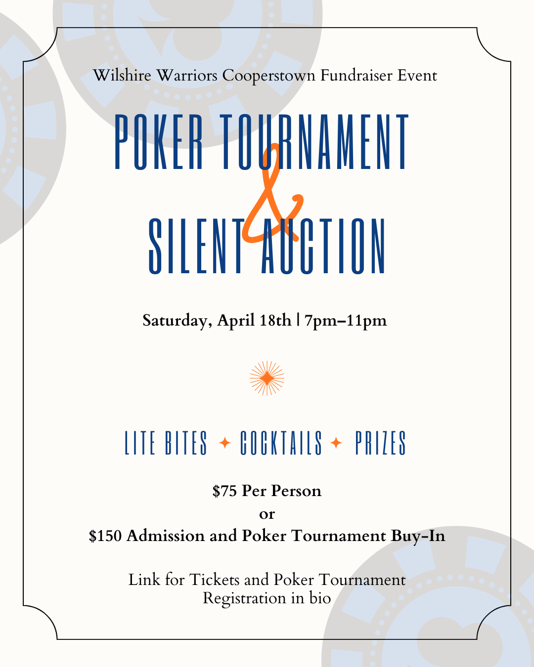 Event poster for the Wilshire Warriors Cooperstown Fundraiser featuring a poker tournament and silent auction, scheduled for Saturday, April 18th, from 7 pm to 11 pm, with details about ticket pricing, activities, and registration.
