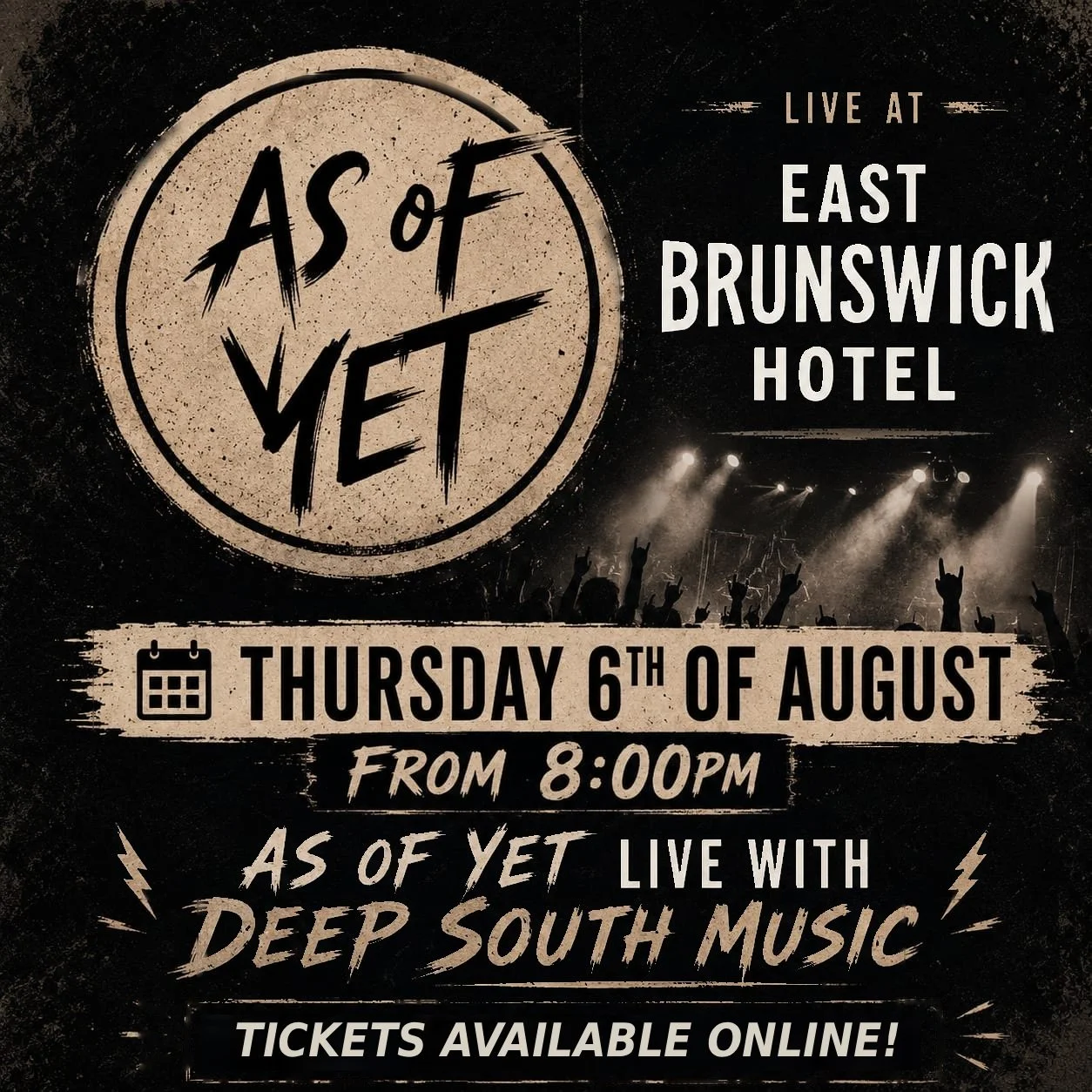 Next week! Thursday 6 August we'll be at the East Brunswick Hotel. Doors open at 7.30pm and we'll be kicking off at 8pm.

🎟️ Tickets online in the bio

See you there! 🤘🏼

#melbournelivemusic
#asofyetband
#eastbrunswickhotel
#deepsouthmusicaus