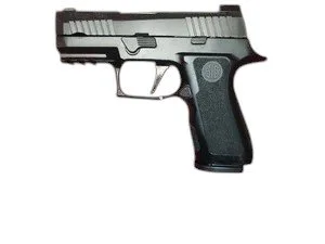 A semi-automatic pistol with a black grip and slide, viewed from the side.