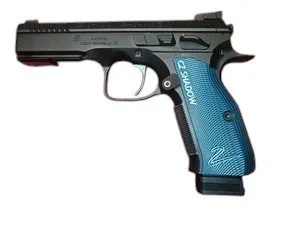 A Match 9mm semi-automatic pistol with a black slide and a blue grip.