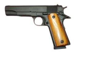 A semi-automatic handgun with a black slide and a wooden grip.