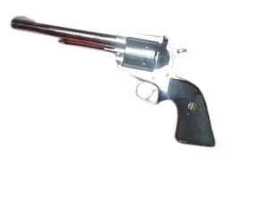 A silver revolver-style gun with a black grip and a long barrel.