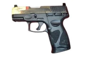 A black semi-automatic pistol with a tan grip and a textured handle.