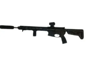 A black sniper rifle with a scope and adjustable stock viewed in profile.