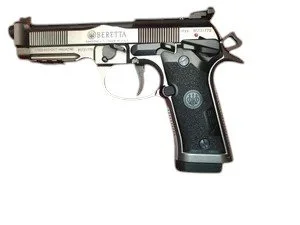 A Beretta semi-automatic handgun with a silver slide and black grip.