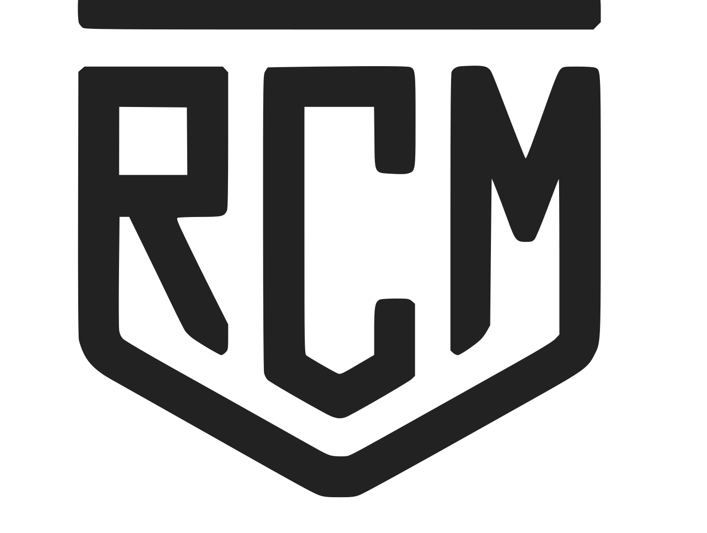 Black and white logo with a shield shape containing the word 'REM' in bold, stylized letters.