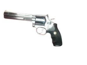 A silver handgun with a black grip.