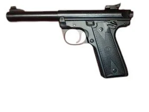 Black semi-automatic handgun with textured grip and extended barrel