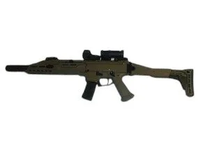 An assault rifle with a scope and adjustable stock.