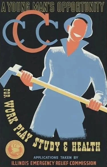 A vintage-style poster with a smiling young woman holding a construction tool. The text promotes opportunities for young men in work, play, study, and health, supported by the Illinois Emergency Relief Commission.