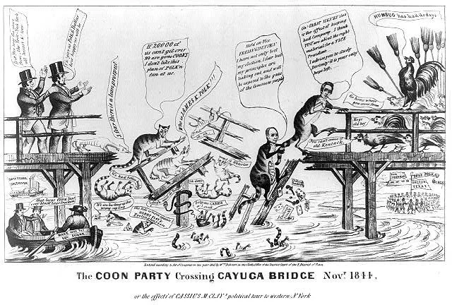 Satirical cartoon titled 'The Coon Party Crossing Cayuga Bridge Nov. 1814' depicts political and social commentary, showing figures in 19th-century attire, animals, and symbolic elements across a bridge over water, with various speech bubbles and exa