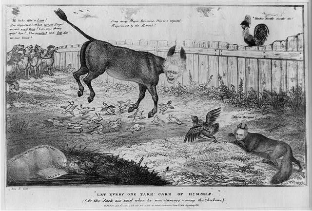 A political cartoon depicting a donkey with a human face in a chicken coop, with chickens, a dog, and a rooster. The donkey appears to be causing chaos among the chickens. Soldiers are seen in the background, and the caption reads: 'Let everyone take