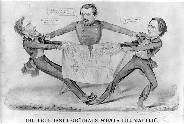 A political cartoon depicting Abraham Lincoln, Ulysses S. Grant, and Abraham Lincoln holding a torn map of the United States. Lincoln is on the right with a stern expression, Grant is in the middle referencing the Civil War, and Lincoln is on the lef