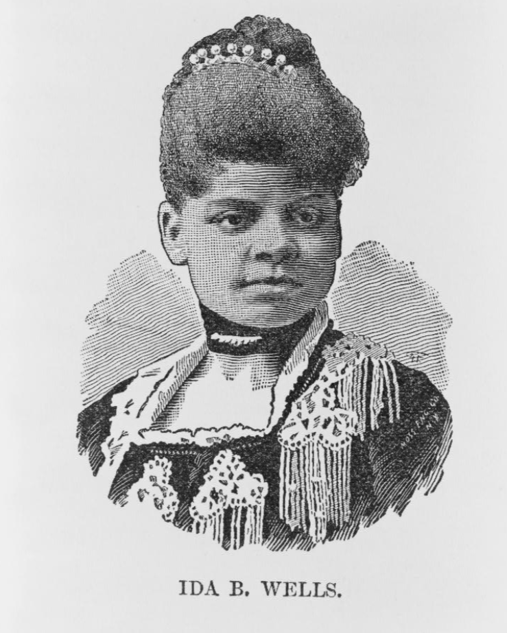 Portrait of a woman named Ida B. Wells, depicted in black and white, with her hair styled up and wearing a detailed dress and necklace.