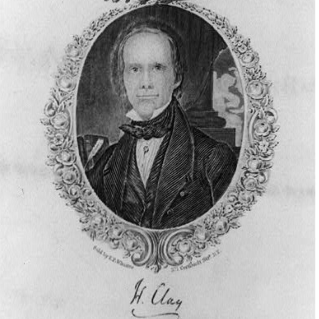 Black and white portrait of a man with light-colored hair, wearing a dark coat and cravat, framed by an ornate oval floral border. Signature of H. Clay below the portrait.