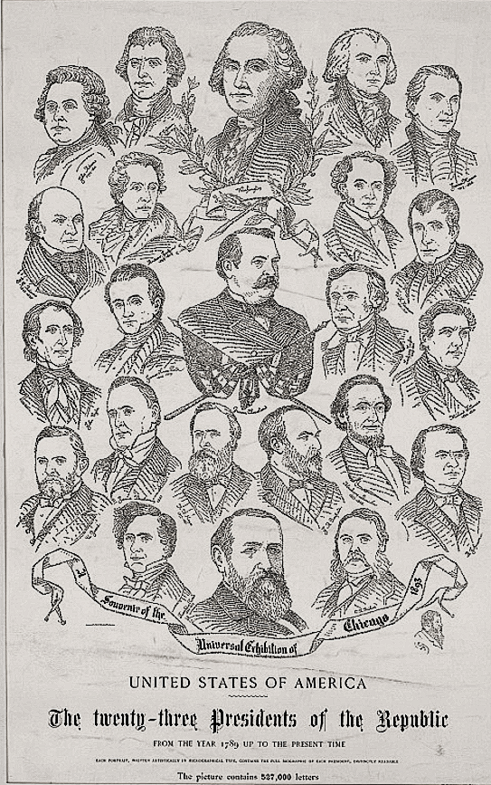 Historical illustration of 23 U.S. Presidents from George Washington to Chester A. Arthur, with a banner reading 'Summary of the Universal Exhibition of Chicago 1893.'