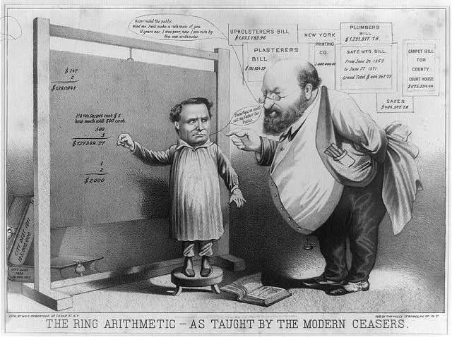 A humorous cartoon depicting two men in a courtroom, with one man standing on a stool and the other leaning in. The setting is to illustrate the concept of ring arithmetic as taught by modern teachers, with humorous annotations about bills and expenses on the wall.