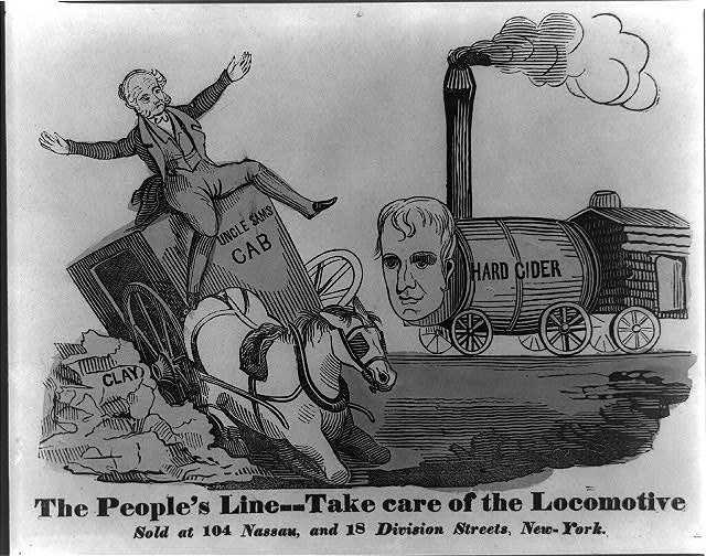 A political cartoon showing Uncle Sam riding a runaway coal cart labeled 'Uncle Sam's Cab' heading towards a steam engine labeled 'Hard Cider' with a large face of a man on its front. The cartoon is titled 'The People's Line—Take care of the Locomoti